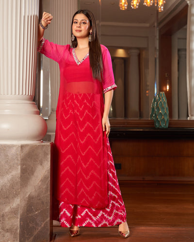 Arya Red Pink Ombre Leheriya Organza Kurta Set