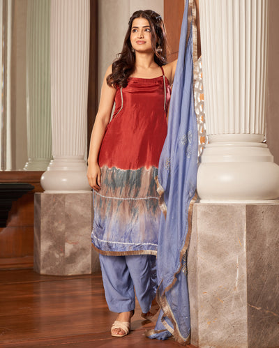 Kajari Marron Blue Tie-Dye Chanderi Suit Set