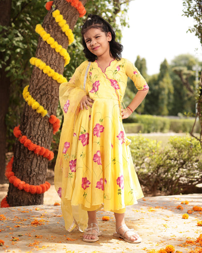 Buttercup Yellow Muslin Silk Handpainted Suit Set