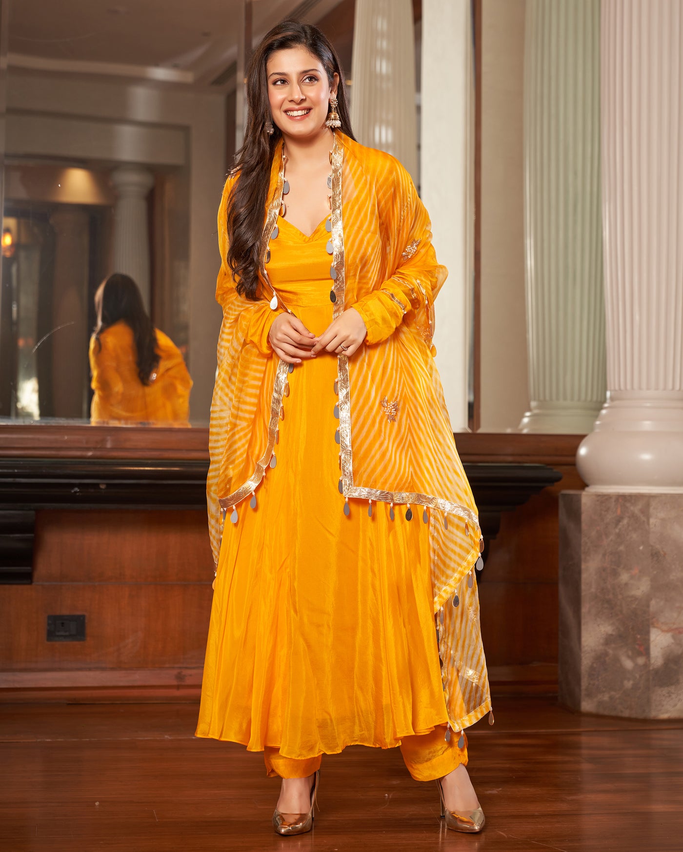 Avittam Mustard Yellow Leheriya Silk Suit Set