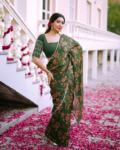 Kusum Green Printed Georgette Pre-draped Saree