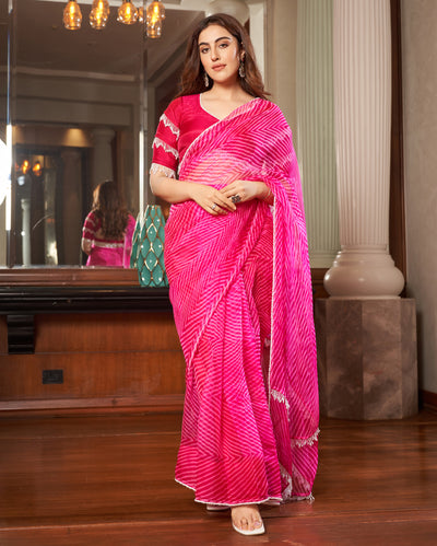 Sangam Pink Leheriya Organza Pre Draped Saree