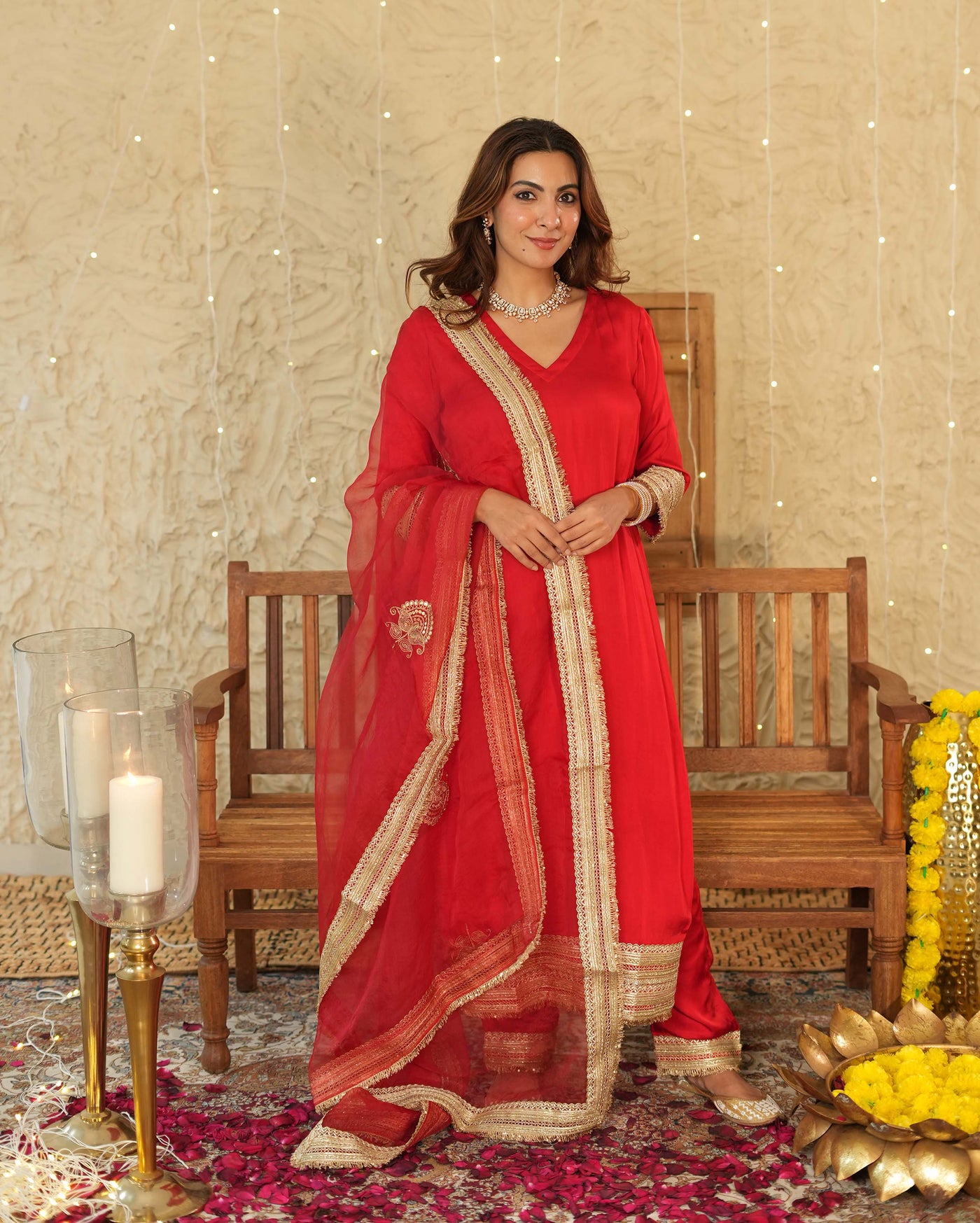 Kumkum Red Solid Satin Suit Set