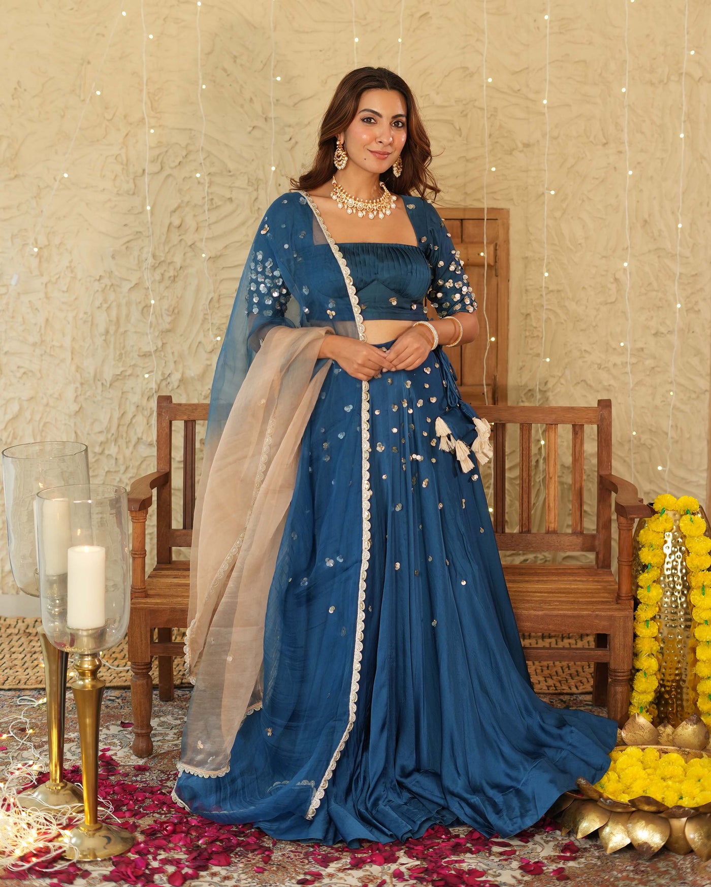 Phuljhadi Blue Handcrafted Satin Lehenga Set