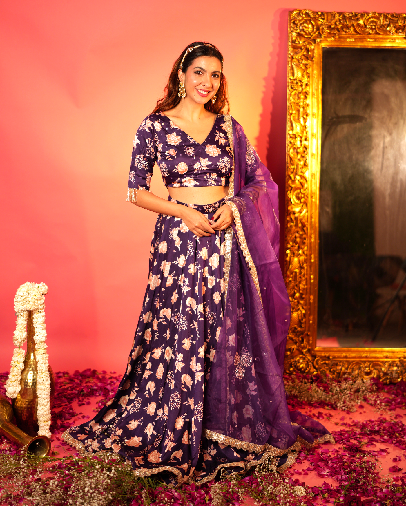 Nandani Purple Printed Satin Lehenga Set