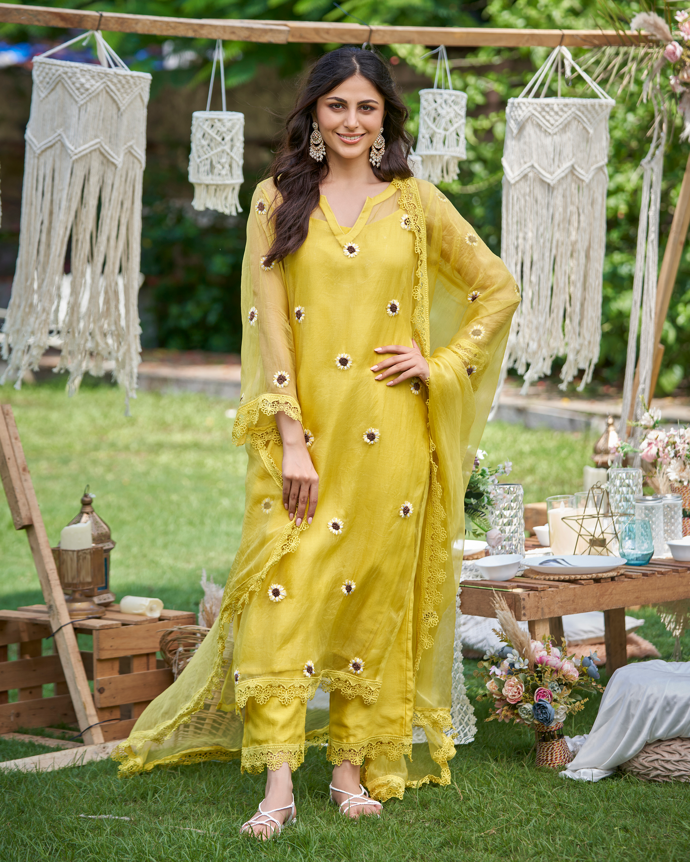 Murat Yellow Embroidered Organza Kurta Set