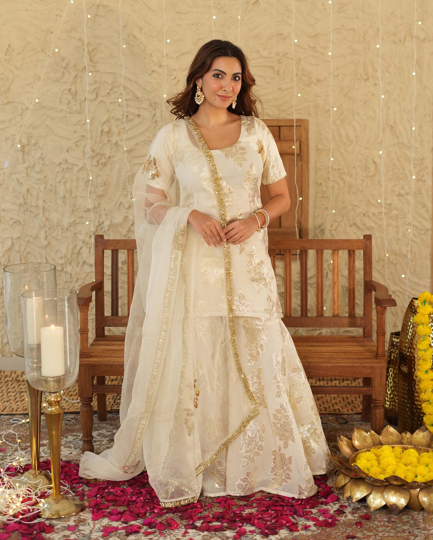 Shubh White Jacquard Sharara Set