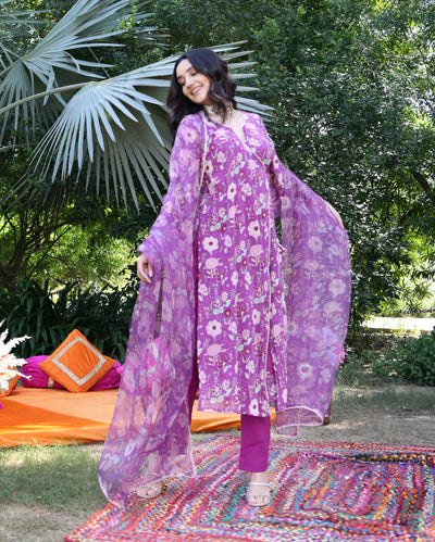 Iris Bloom Purple Printed Georgette Suit Set