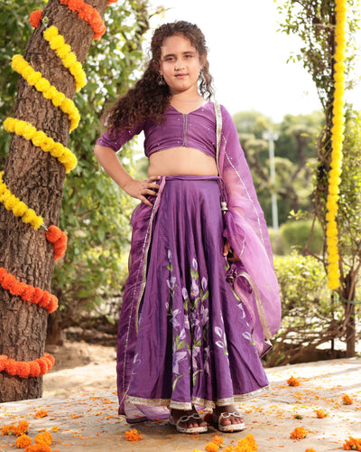 Berry Purple Handpainted Chanderi Lehenga Set