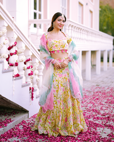 Vidari Cream Printed Organza Lehenga Set