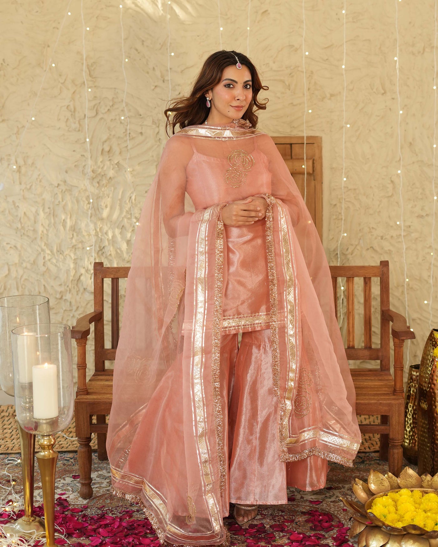 Deepanjali Peach Solid Tissue Sharara Set