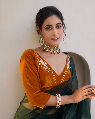 Sparrow Mustard Velvet Embroidered Blouse