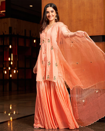 Heather Peach Embroidered Muslin Silk Sharara Set