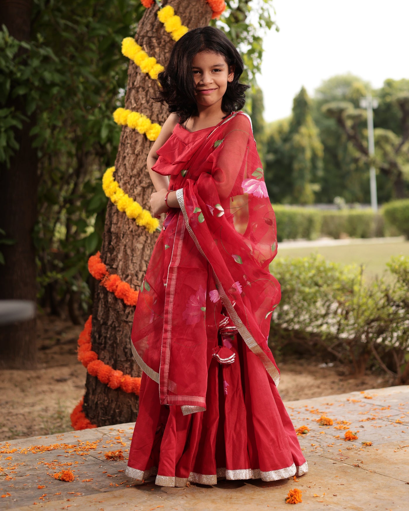 Tinsel Red Handpainted Chanderi Lehenga Set