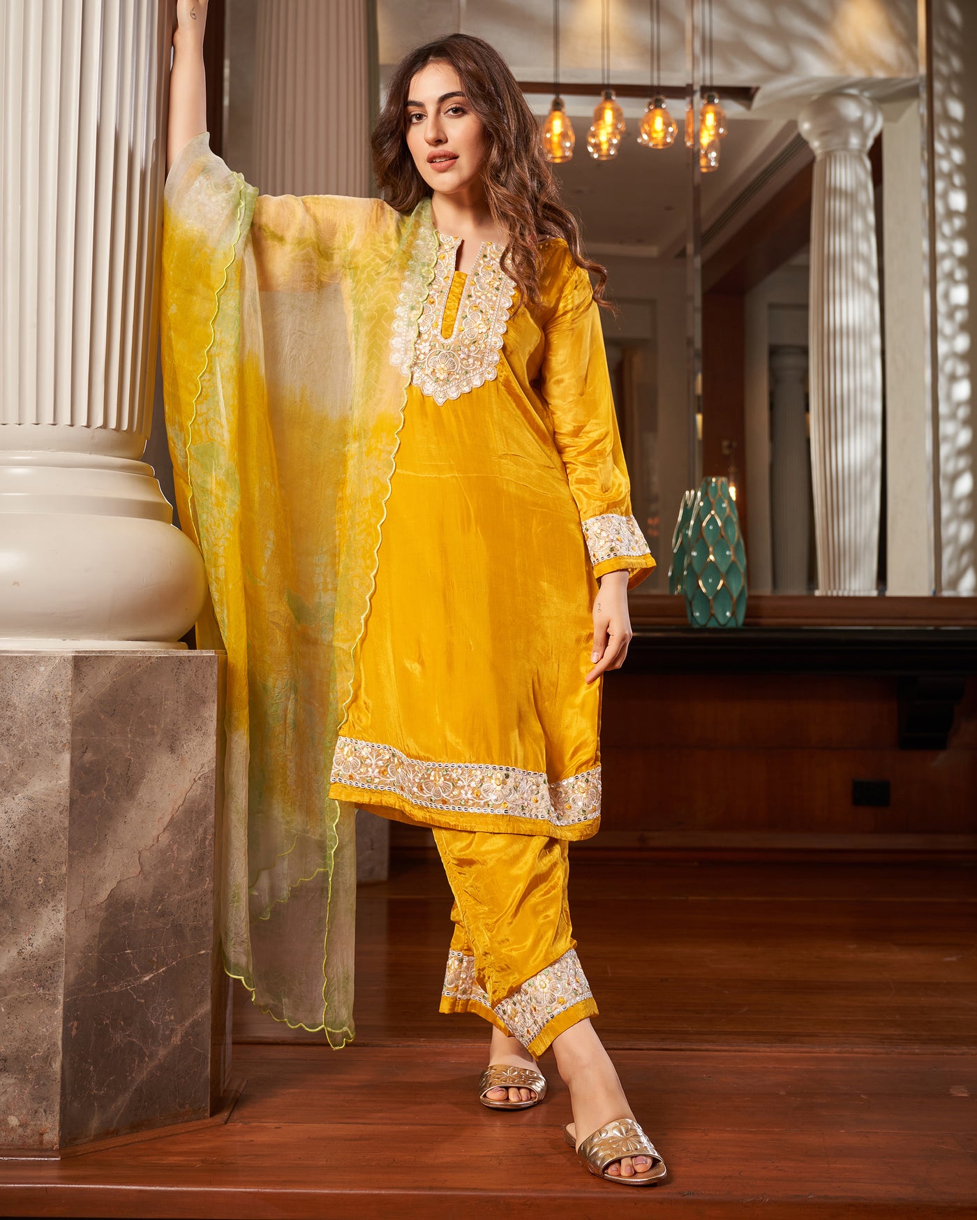 Seedit Yellow Solid Silk Suit Set