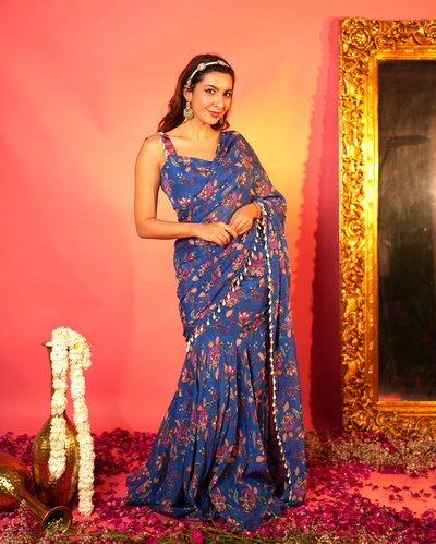 Shruti Blue Printed Chinon Pre-draped Saree