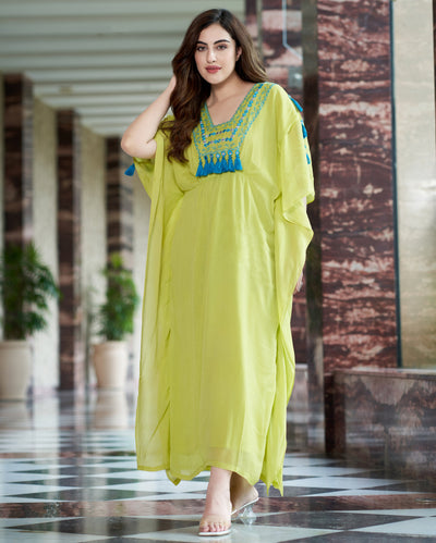 Meera Neon Green Embroidered Chinon Kaftan