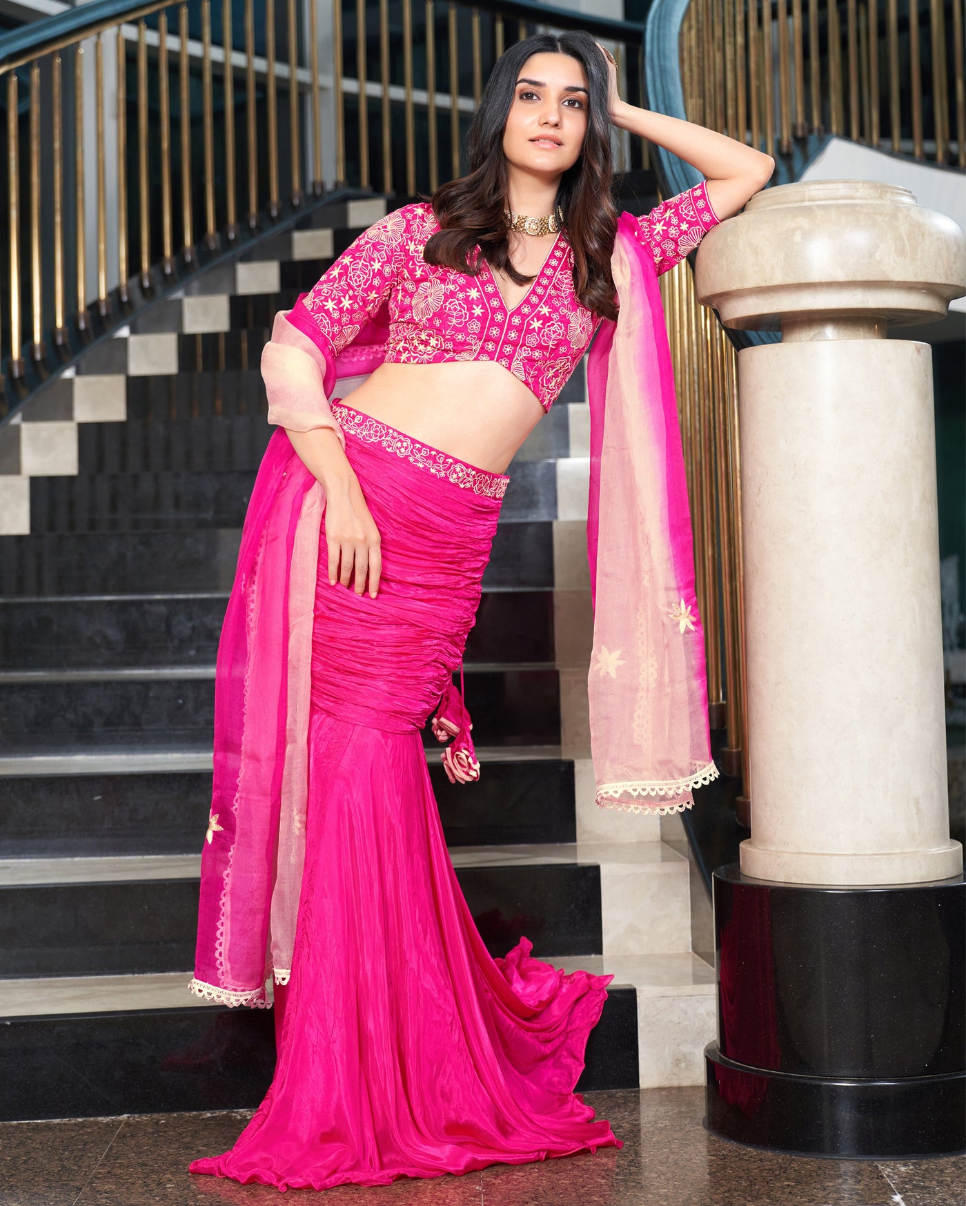 Razzle Pink Embroidered Tabby Silk Lehenga Set