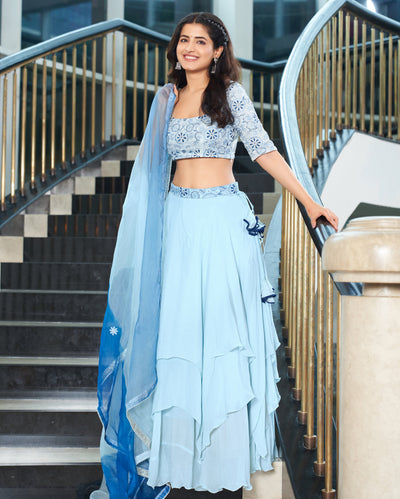 Riwaaz Pastel Blue Embroidered Chinon Lehenga Set