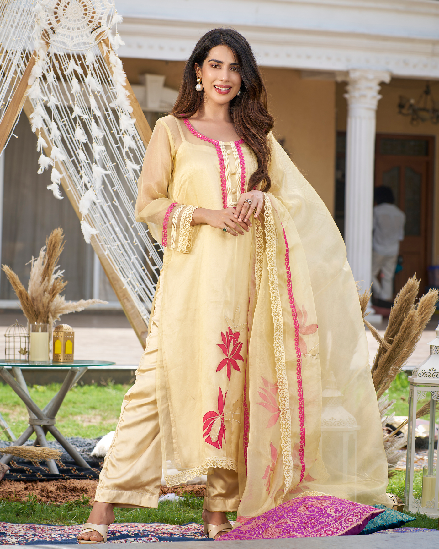 Yami Cream Applique Organza Kurta Set