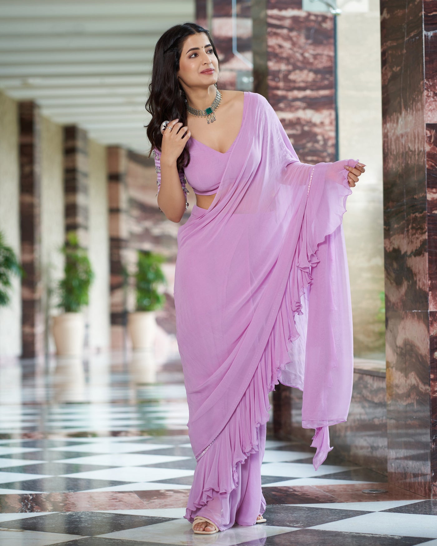 Anvita Lavender Solid Georgette Pre Draped Saree