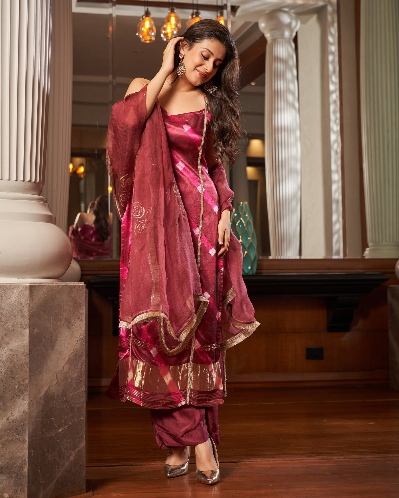 Ojas Maroon Leheriya Silk Suit Set