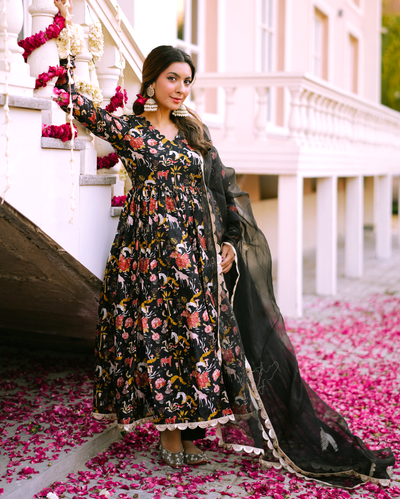 Nalini Black Printed Chanderi Suit Set