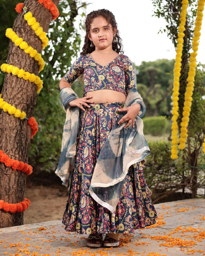 Taffy Blue Printed Embroidered Satin Lehenga Set