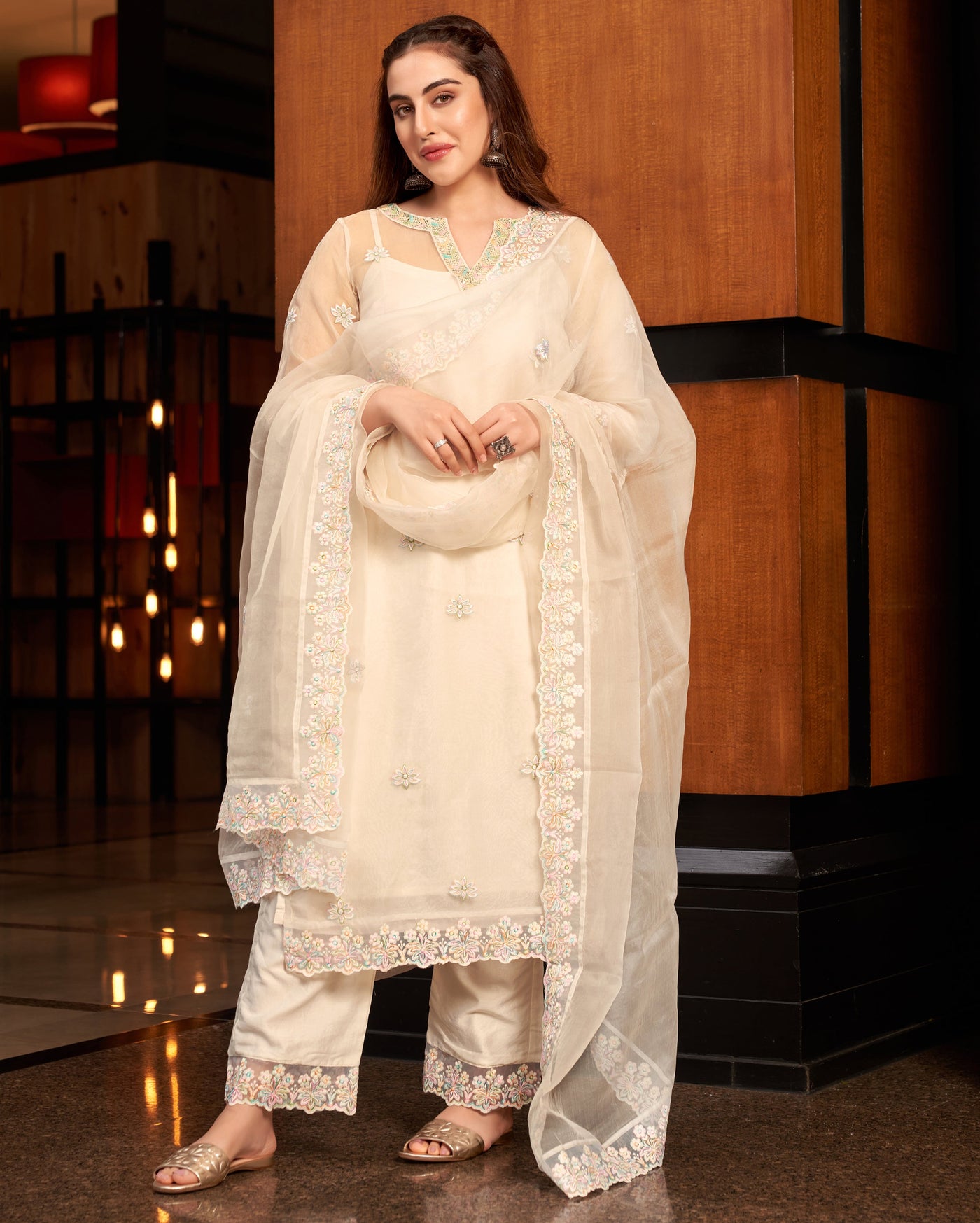 Pratha White Embroidered Organza Suit Set