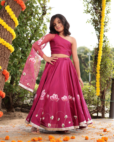 Giggle Magenta Handpainted Chanderi Lehenga Set