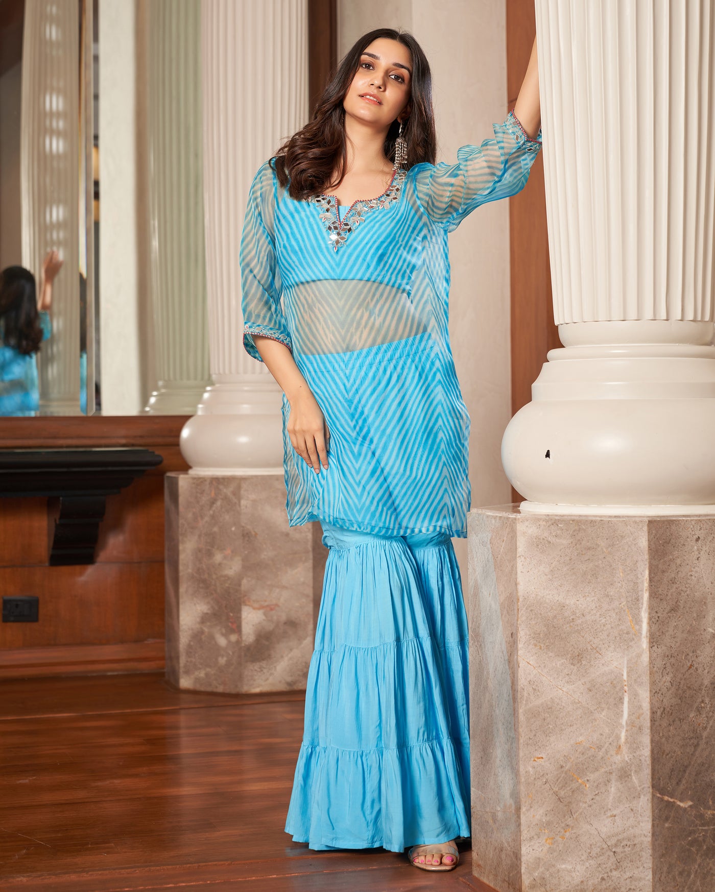 Tijori Light Blue Leheriya Organza Sharara Set