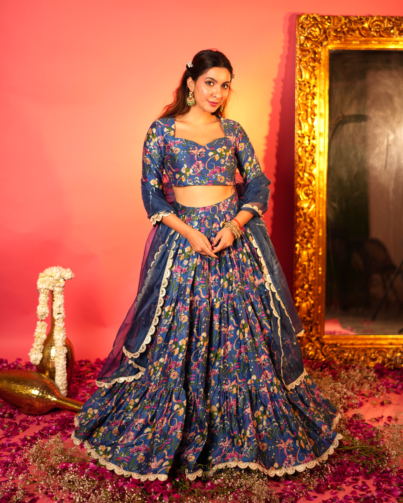 Neelam Blue Printed Chanderi Lehenga Set