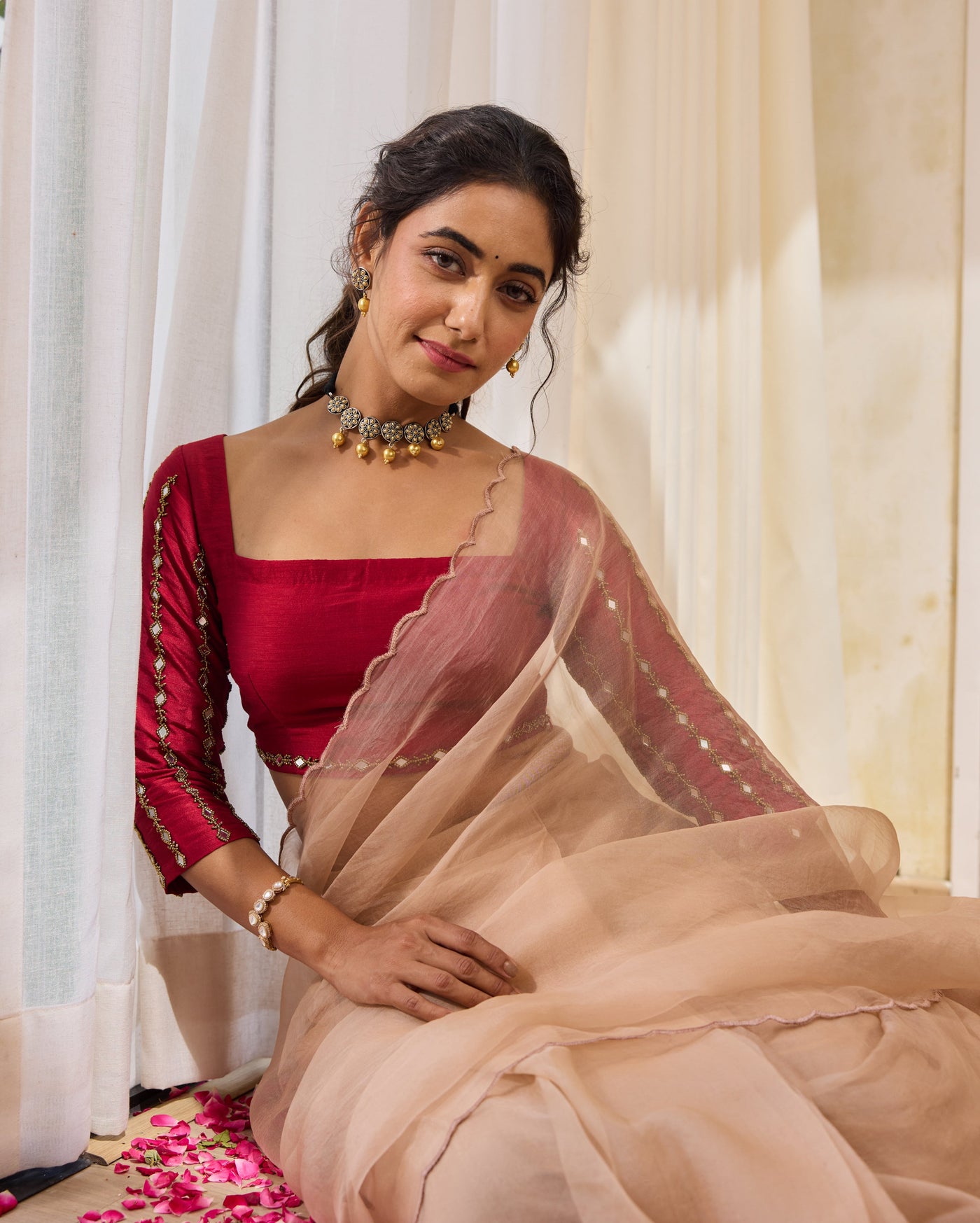 Desert Bloom Maroon Silk Embroidered Blouse