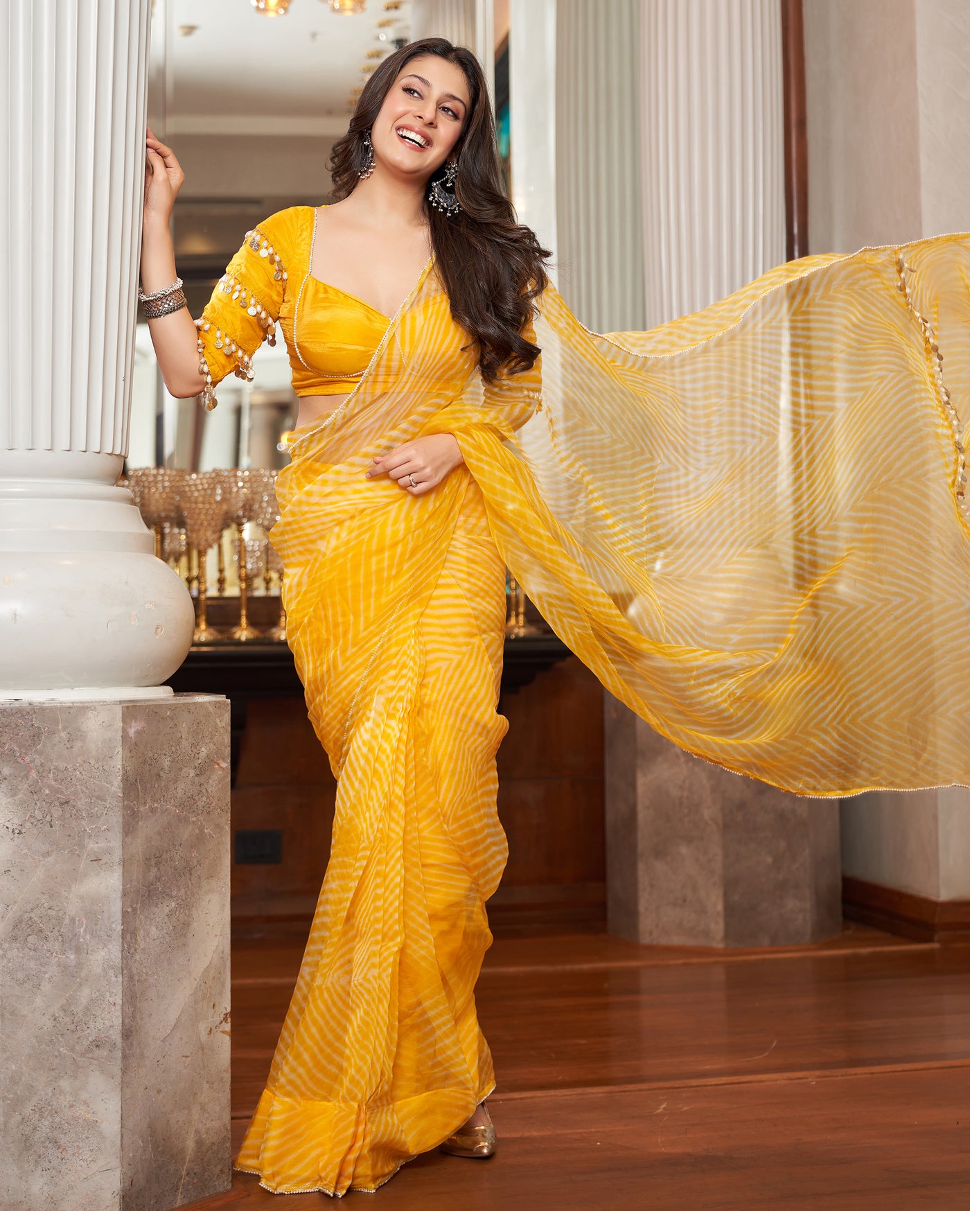 Agni Yellow Leheriya Organza Pre Draped Saree