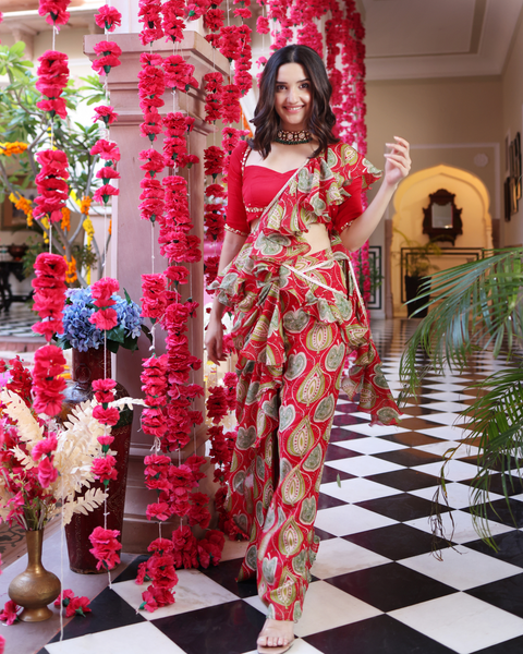 Vermillion Red Banarasi Silk Saree With Floral Jaal Weaving | Singhania's