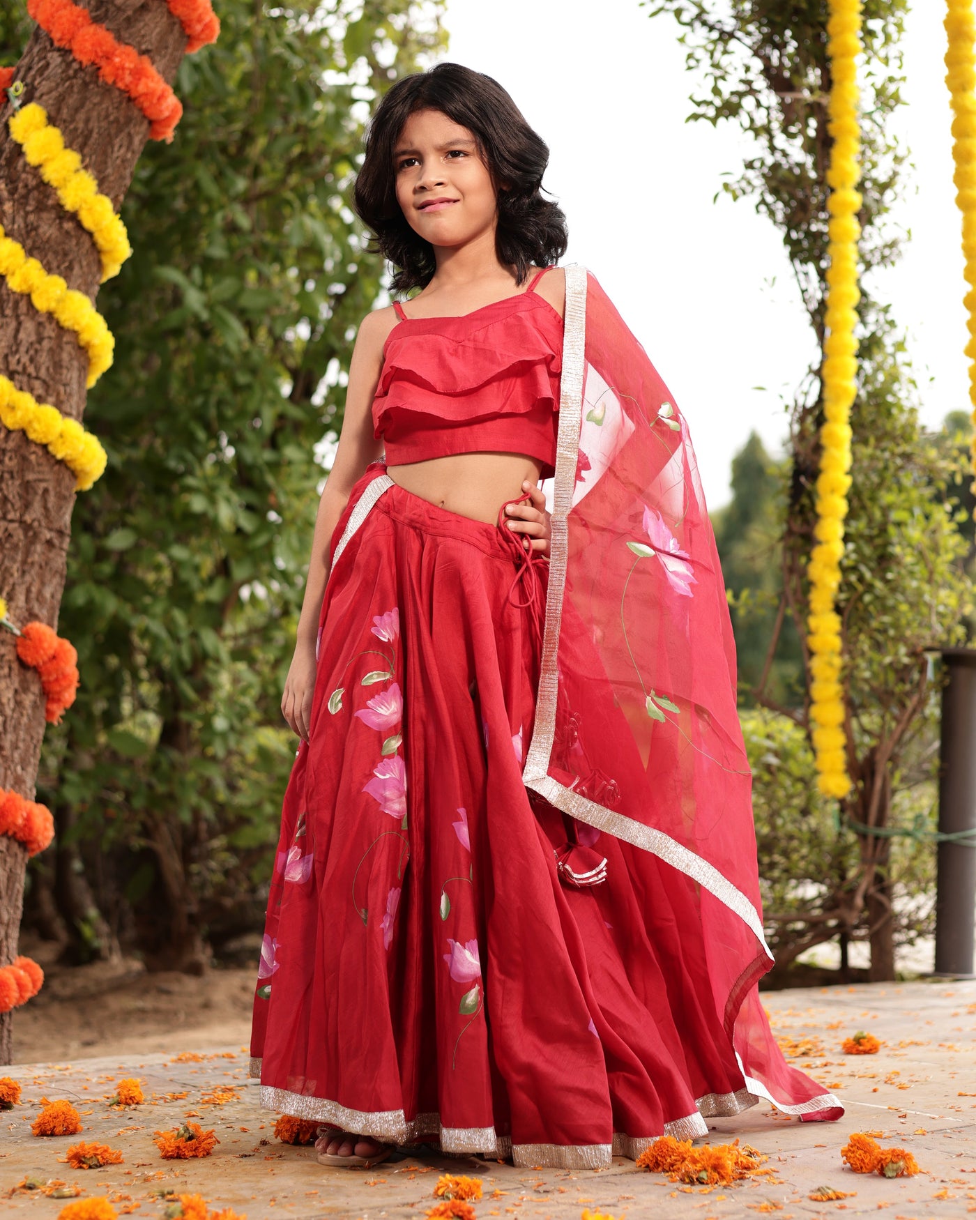 Tinsel Red Handpainted Chanderi Lehenga Set