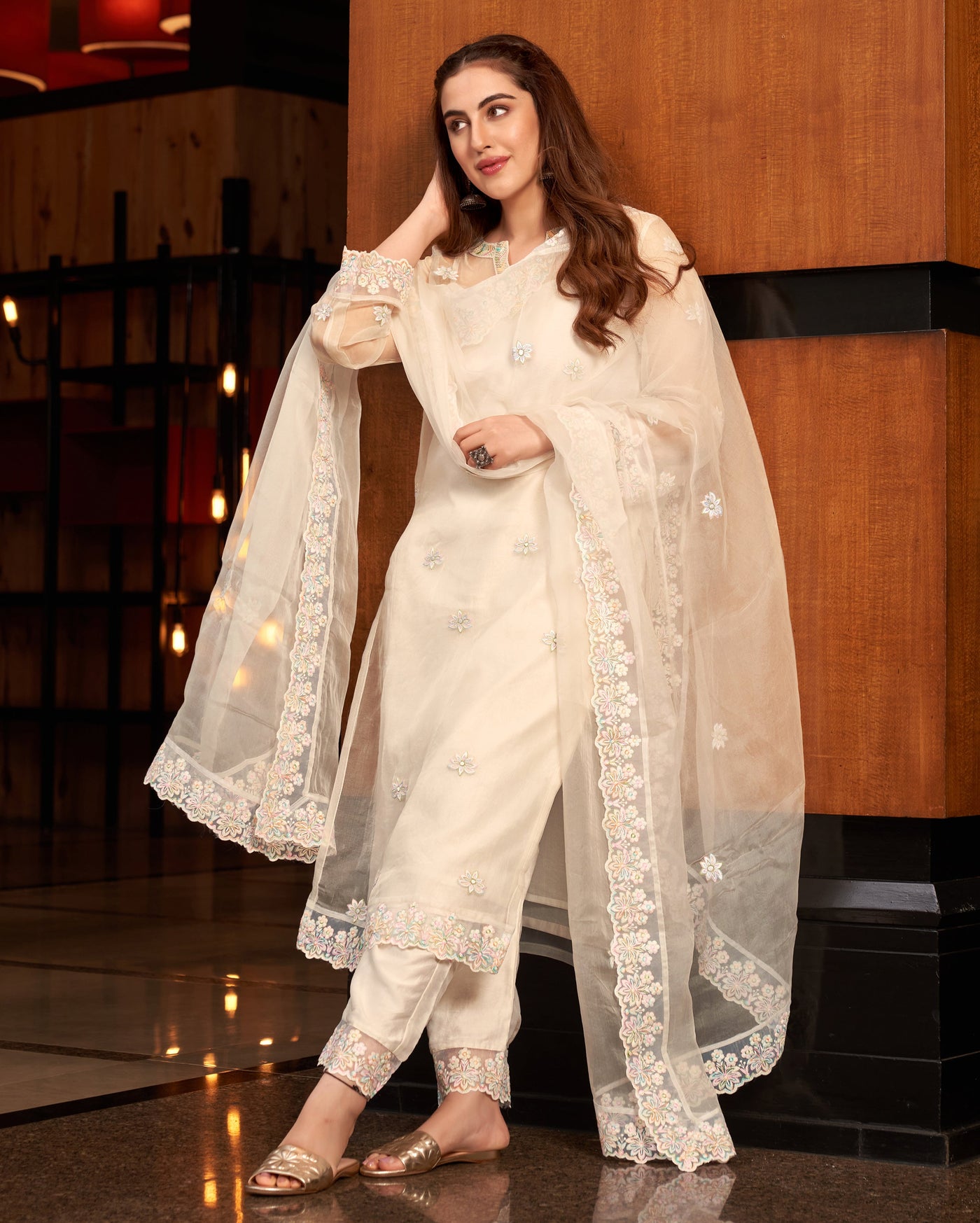 Pratha White Embroidered Organza Suit Set