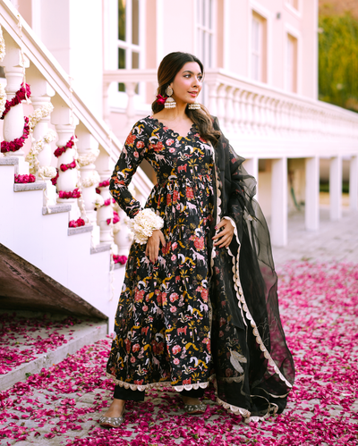 Nalini Black Printed Chanderi Suit Set