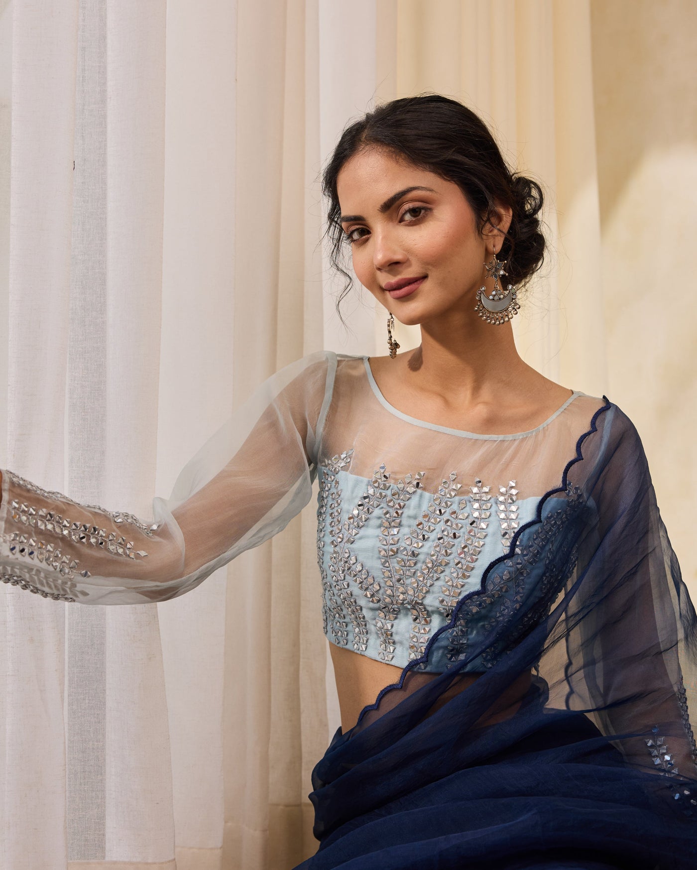 Ocean Wave Blue Organza Embroidered Blouse