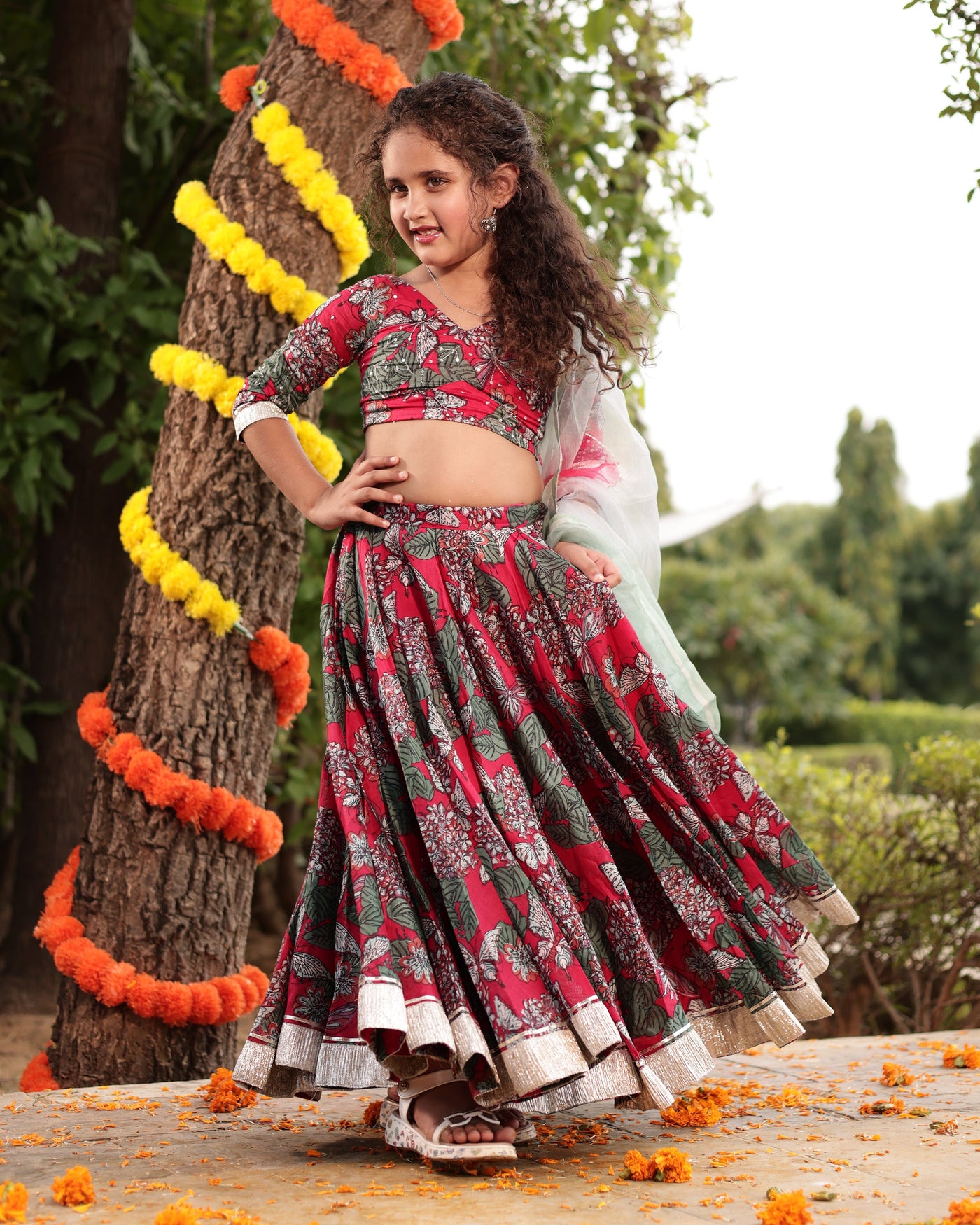 Frolic Red Printed Chanderi Lehenga Set