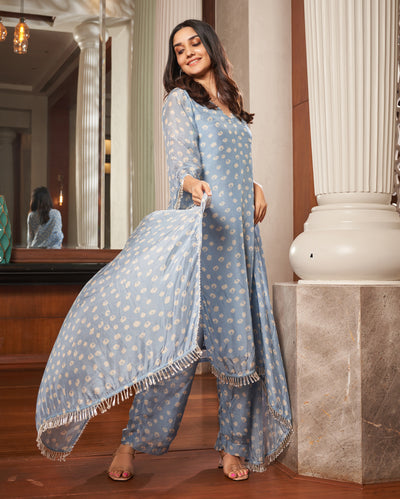 Tarang Pastel Blue Bandhani Silk Suit Set