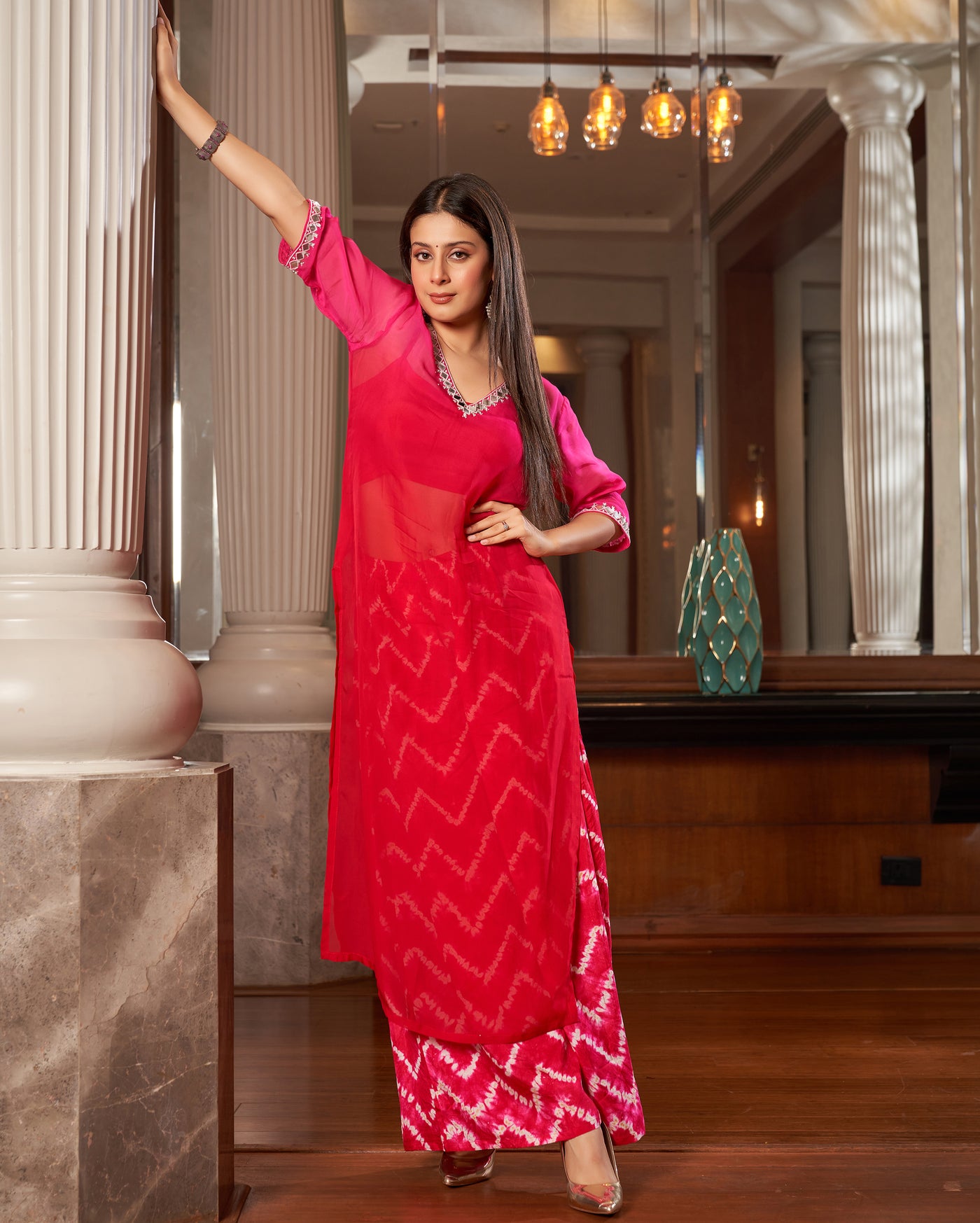 Arya Red Pink Ombre Leheriya Organza Kurta Set