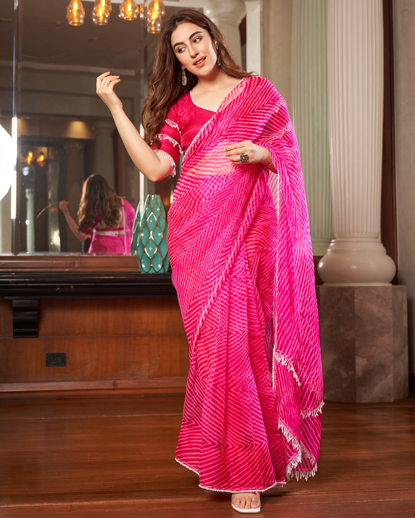 Sangam Pink Leheriya Organza Pre Draped Saree