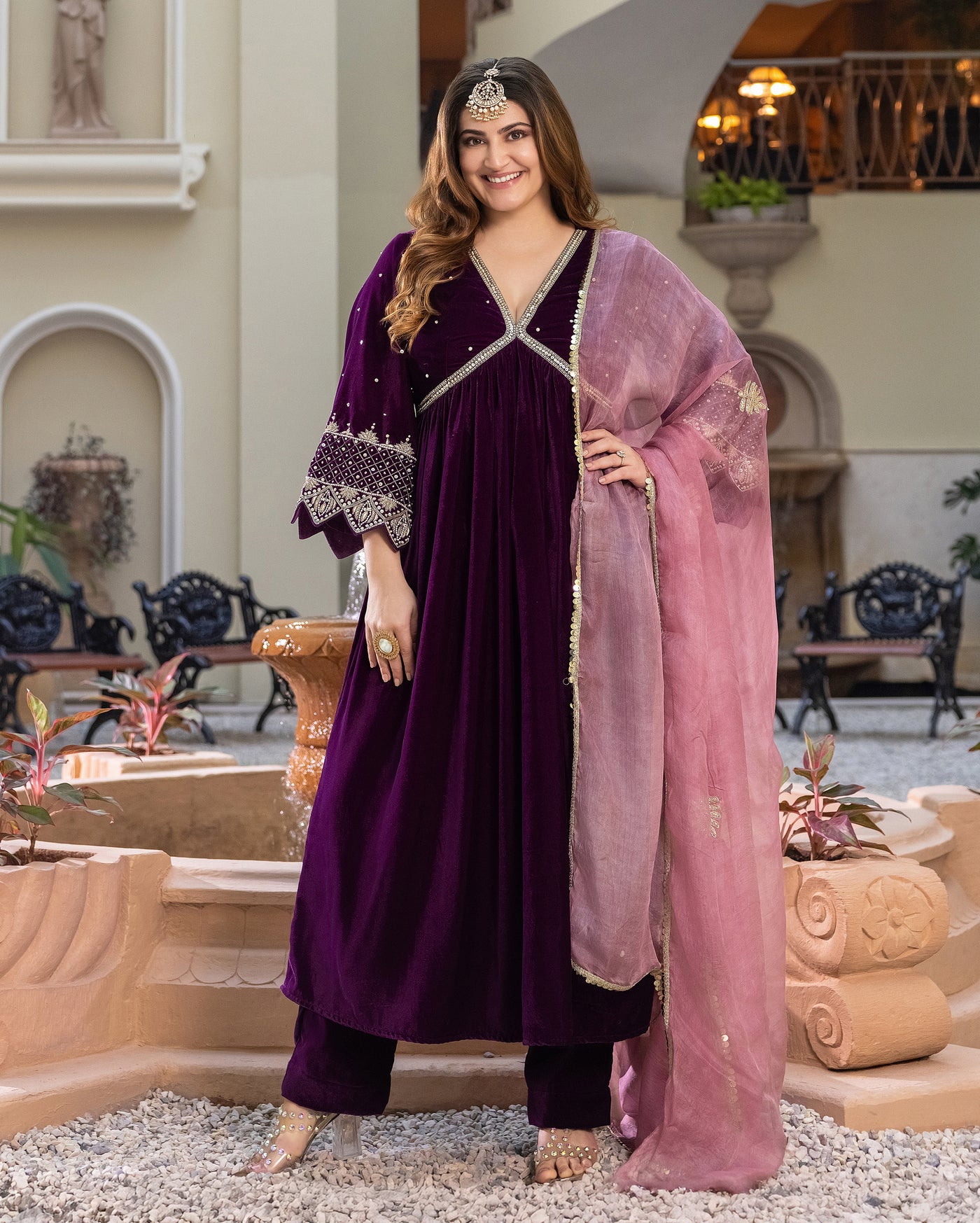 Jamni Purple Embroidered Velvet Suit Set