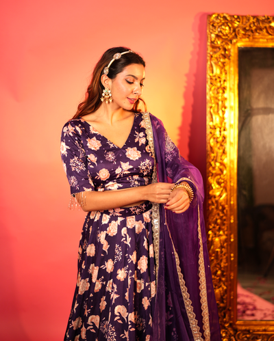 Nandani Purple Printed Satin Lehenga Set