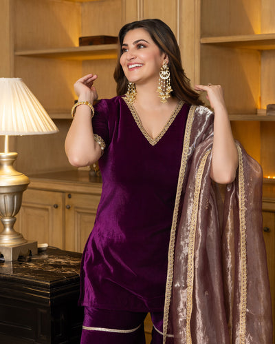 Jawahar Purple Solid Velvet Sharara Set