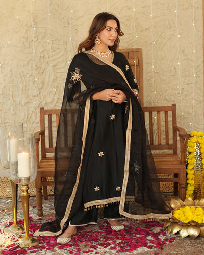 Vandana Black Embroidered Chanderi Suit Set