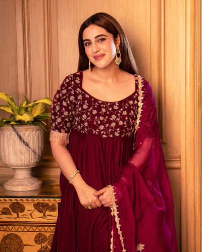 Nargi Wine Embroidered Velvet Suit Set