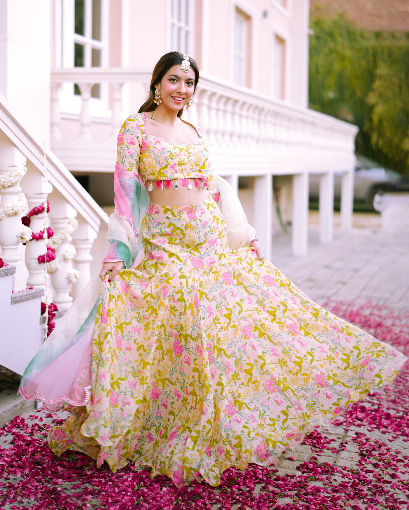 Vidari Cream Printed Organza Lehenga Set