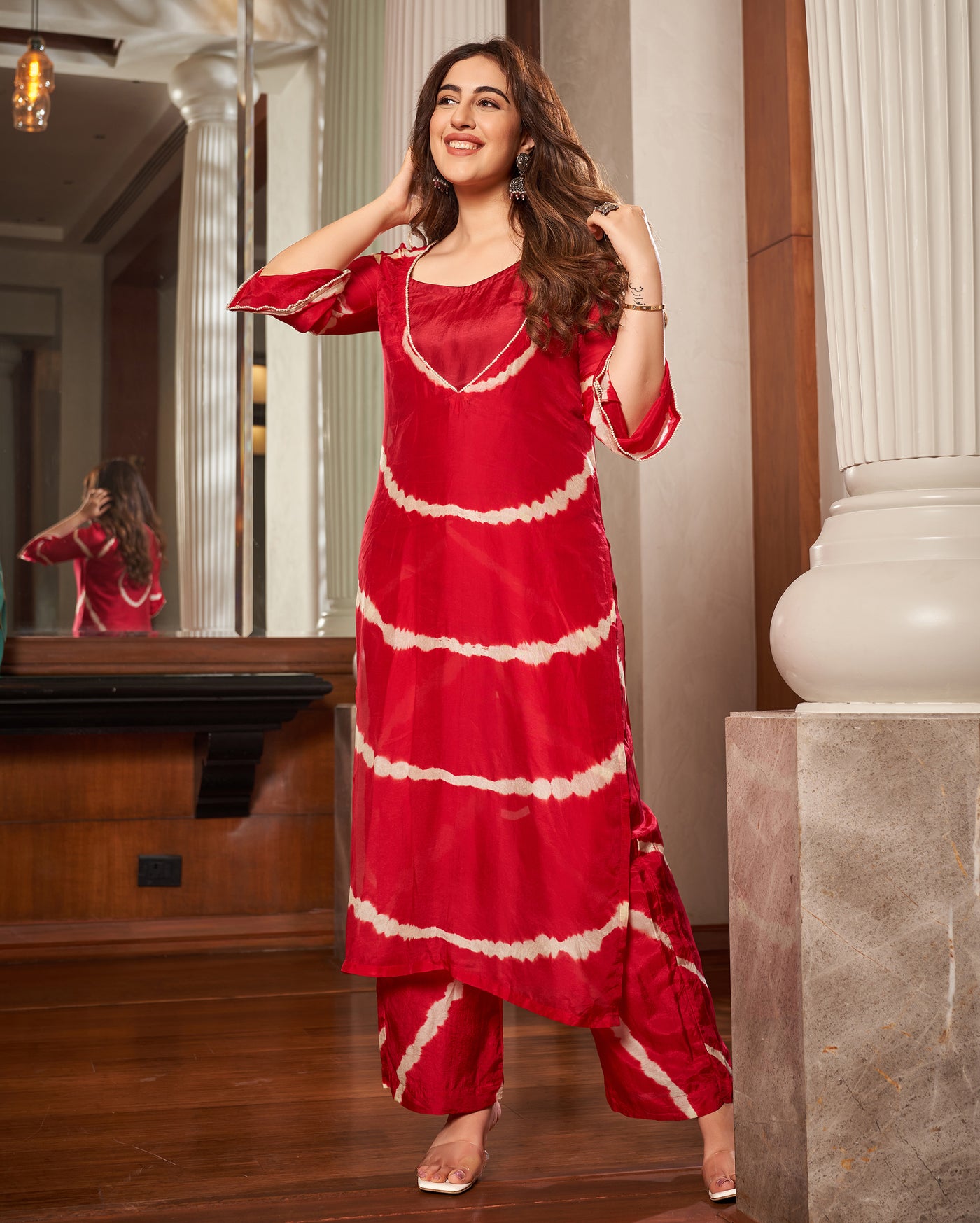 Anavila Red Leheriya Silk Kurta Set